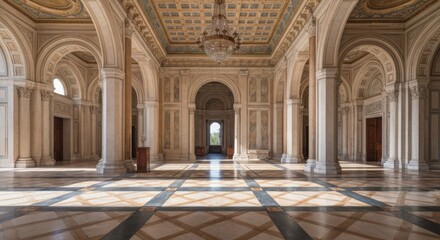 Fototapeta premium Ornate hall with columns, arches, chandelier, and patterned floor