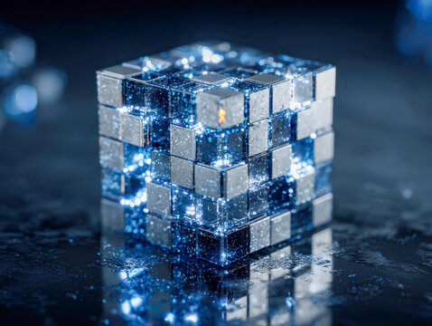 Illuminated futuristic cube made of reflective and transparent blue blocks with sparkling particles creating a high-tech and abstract visual effect on a dark surface