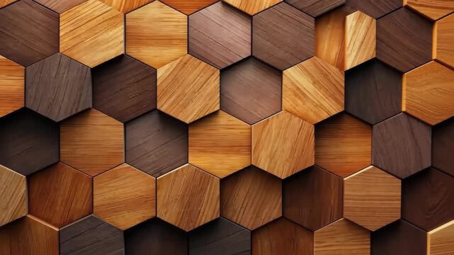 Hexagon Wooden Pattern: A beautifully composed close-up shot revealing a unique geometric design of hexagonal wooden blocks in varying shades and textures. It invites touch.