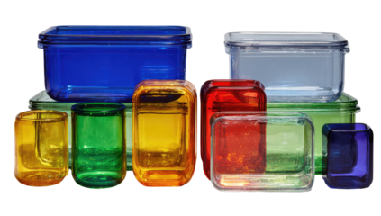 Colorful glass containers in stacked arrangement, shades of red, blue, and green
