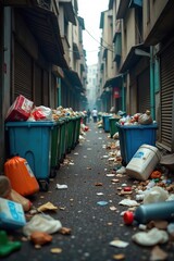 Overflowing Trash Bins in a Bleak Urban Alleyway A Grim Reality of Urban Litter and Environmental Neglect