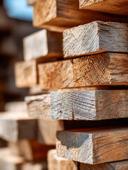 Stacked rough cut lumber with natural wood grain texture and warm sunlight highlighting the details on weathered edges in a woodworking or construction setting