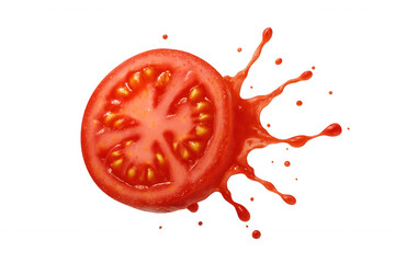 Tomato slice exploding with red juice splash, representing fresh flavor and healthy eating