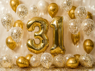 Elegant celebration backdrop featuring shimmering gold balloons, glitter confetti balloons, and large metallic gold numerals "31" for a festive milestone event.
