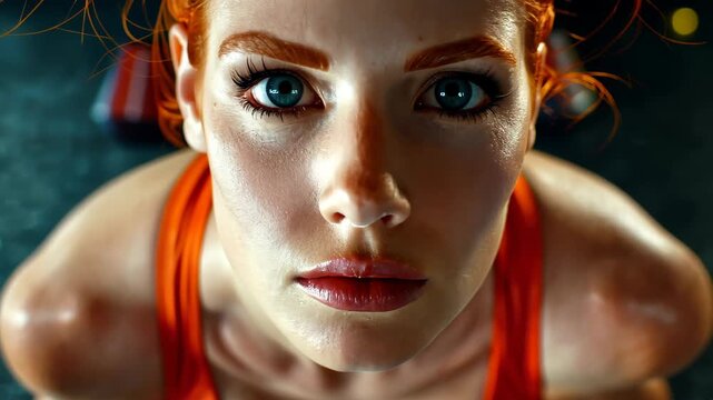Intense Gaze: A captivating portrait of a woman with striking red hair, her piercing eyes fixed upon the viewer, exuding confidence and determination.