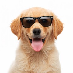 Golden retriever puppy wearing sunglasses isolated on pure white background