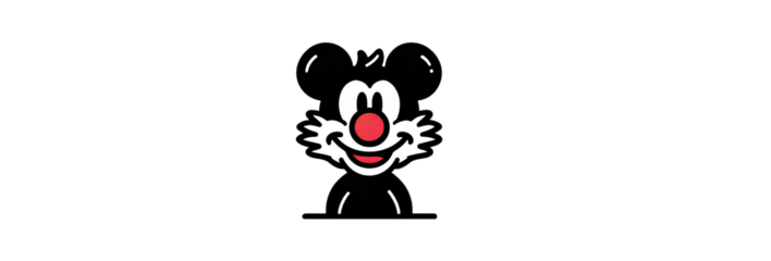 Cartoon feline face with a red nose, black hair and simple body on black