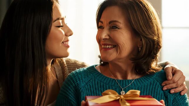 Young woman kissing her smiling mother on the cheek while presenting her with a red gift box on mothers day vector illustration