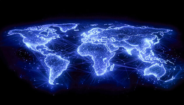 Illuminated digital map of the world showcasing global connectivity and networks