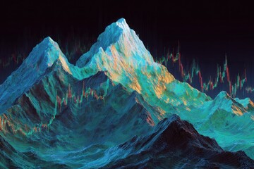 glowing forex chart transforming into mountain peaks, surreal nature finance fusion