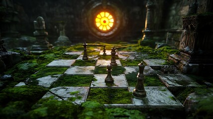 An ancient Gothic stone church entrance near a stream, beside a cemetery at night