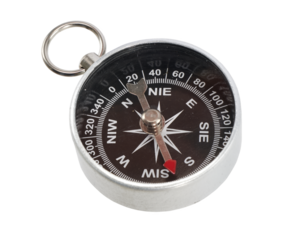 Round metal compass for navigation and orientation in outdoor adventures isolated on transparent background