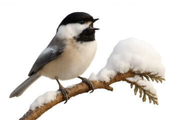 Black-capped chickadee bird singing on a snow-covered branch during winter, transparent background