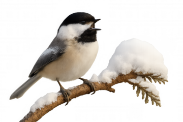 Black-capped chickadee bird singing on a snow-covered branch during winter, transparent background
