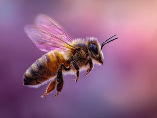 Detailed macro shot of a honeybee in mid-flight highlighting delicate wings and fuzzy body against a soft purple and pink gradient background