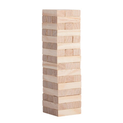 Wooden block tower game on black background for creativity and fun isolated on transparent background