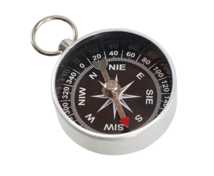 Round metal compass for navigation and orientation in outdoor adventures isolated on transparent background