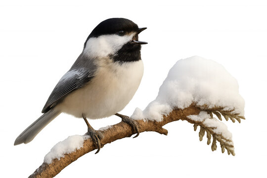 Black-capped chickadee bird singing on a snow-covered branch during winter, transparent background