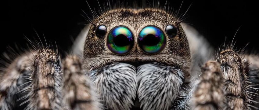 An incredibly detailed macro portrait of a jumping spider. Its large, captivating eyes and fuzzy texture are in sharp focus against a clean black
