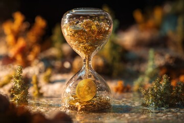hourglass filled with falling bitcoin icons instead of sand, surreal digital time concept