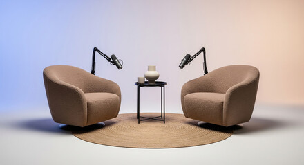 Minimalist podcast studio setup for an interview with two armchairs and professional microphones. Modern conversation set for broadcasting or a talk show, on a blue and orange gradient background.