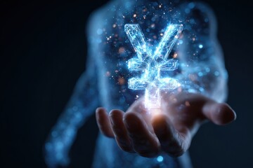 human silhouette holding holographic yen symbol glowing in hand, surreal forex trade style 