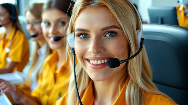 Friendly Customer Service: A close-up shot captures the bright, approachable faces of a customer service team as they assist and connect with the customer with their help desk.