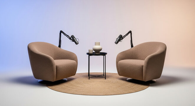 Minimalist podcast studio setup for an interview with two armchairs and professional microphones. Modern conversation set for broadcasting or a talk show, on a blue and orange gradient background.