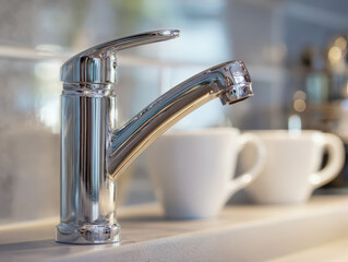 Sleek modern chrome kitchen faucet with blurred white coffee mugs in a bright, clean countertop setting ideal for stylish home and interior design concepts