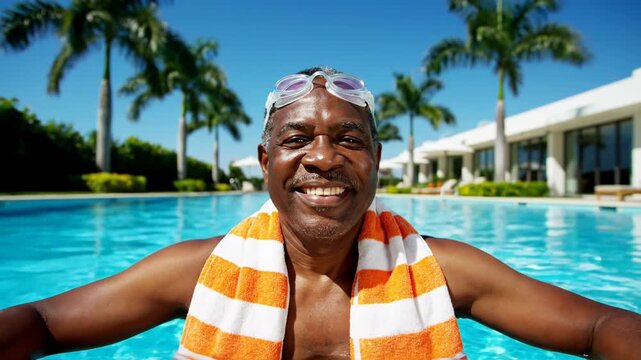 Closeup portrait of a smiling black man wearing swimming goggles and a towel around his neck by a pool vector illustration