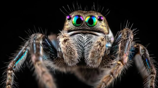 An incredibly detailed macro portrait of a jumping spider. Its large, captivating eyes and fuzzy texture are in sharp focus against a clean black