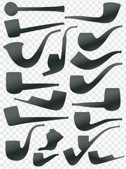 Black Silhouettes of Classic Smoking Pipes Vector Icons.