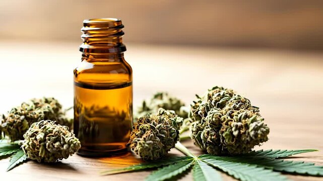 Natural cbd oil in dropper bottle with cannabis plant. Plant base medicinal product for health and modern medicine.