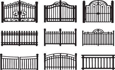 Nine Black Silhouettes of Ornate and Simple Wrought Iron Gates and Fences decorative