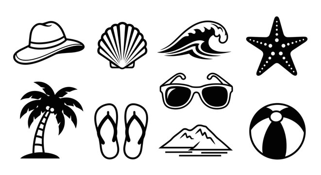 Illustration of beach themed icons including hat shell wave and palm tree - Powered by Adobe