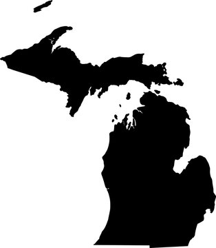 Black silhouette vector of Michigan state boundary, rendered in a solid black fill, providing a clean, minimalist, impactful graphic of the Great Lakes territory, including both peninsulas.

