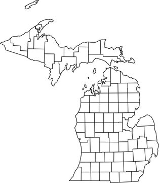 Detailed vector map of Michigan state outline with all internal county borders and administrative divisions, presented as a blank template map of the Great Lakes U.S. territory.

