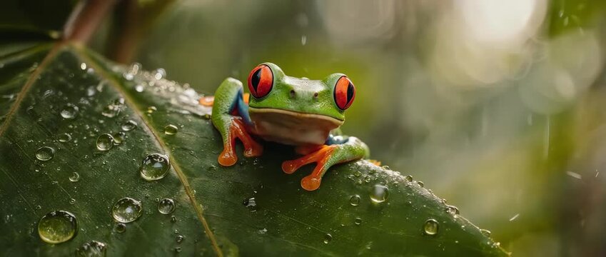 Red-Eyed Tree Frog Clinging to a Wet Tropical Leaf