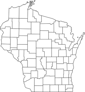 Detailed vector map of Wisconsin state outline showing all internal county borders and administrative divisions, presented as a blank template map of the Midwestern United States territory.

