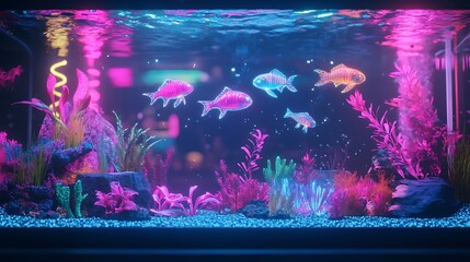 Tropical aquarium with colorful fish swimming underwater in blue ocean illustration