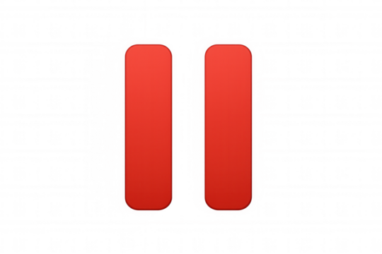 Red pause button icon representing media control, stopping, break, and interruption, on transparent background