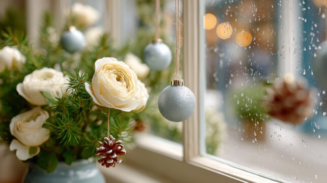 Charming flower shop window with frosted glass, baubles, and festive decor for holiday ambiance - Powered by Adobe
