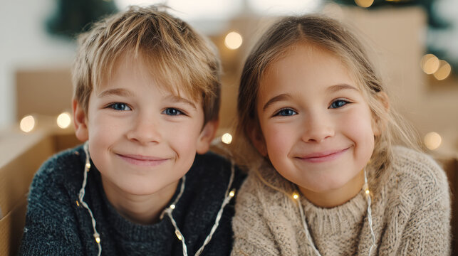 Joyful siblings tangling in string lights preparing for christmas festivities at home