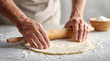 Preparing fresh dough with rolling pin on floured surface for baking enthusiasts