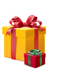 Illustration of two gift boxes, one large yellow with red ribbon and one small red with green ribbon, on a plain white background, in a realistic style.