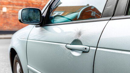 Close-up of car damage with scratches and dents on metallic surface