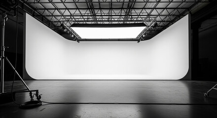 Empty professional film and photography studio with a large white cyclorama background and lighting equipment. Black and white shot of a production set ready for a photoshoot or video shoot.