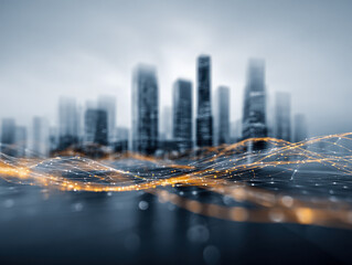 Futuristic digital network waves flowing over a blurred modern city skyline symbolizing connectivity and advanced urban technology integration in smart cities