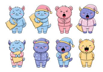 Cute sleepy cartoon monsters pajama party for kids apparel designs and storybooks, adding a touch of whimsy to bedtime routines with these lovable characters