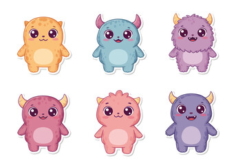 Adorable cartoon monster characters in a playful collection, perfect for children's designs, invitations, or cute themed projects, joyful and fun